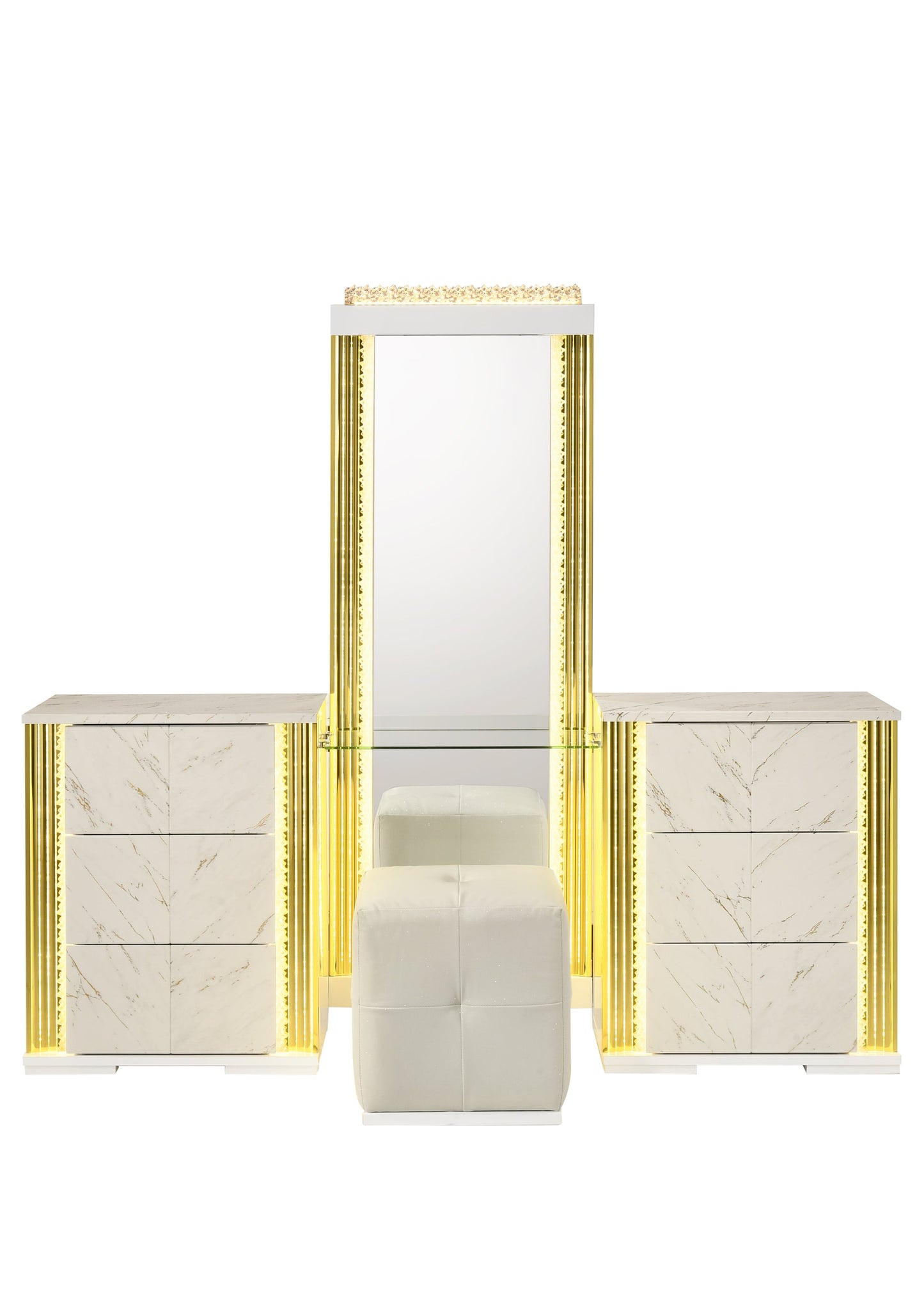 Mika White/Gold LED Vanity Set with Stool B31