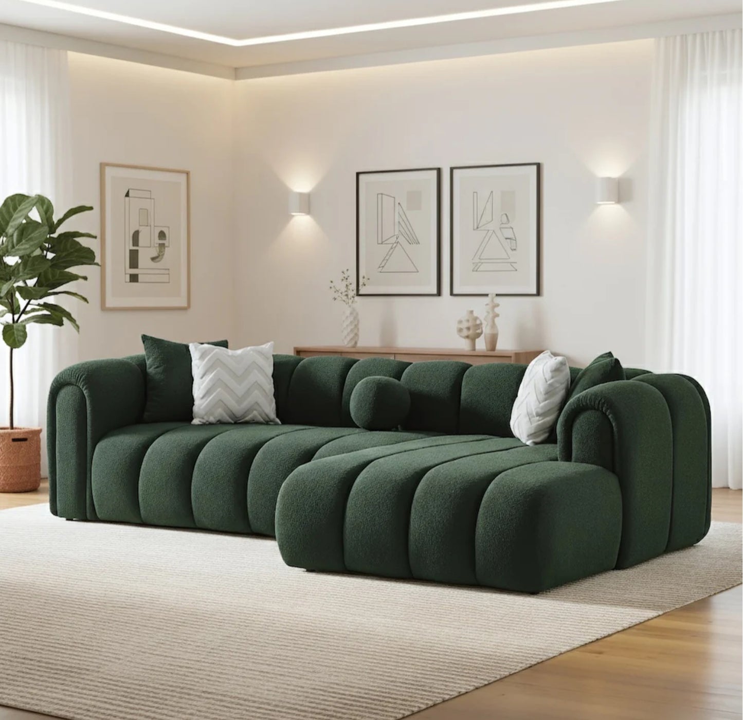 Beatrice 115" Modern Tufted Dark Green Boucle Right-Facing Sectional Sofa