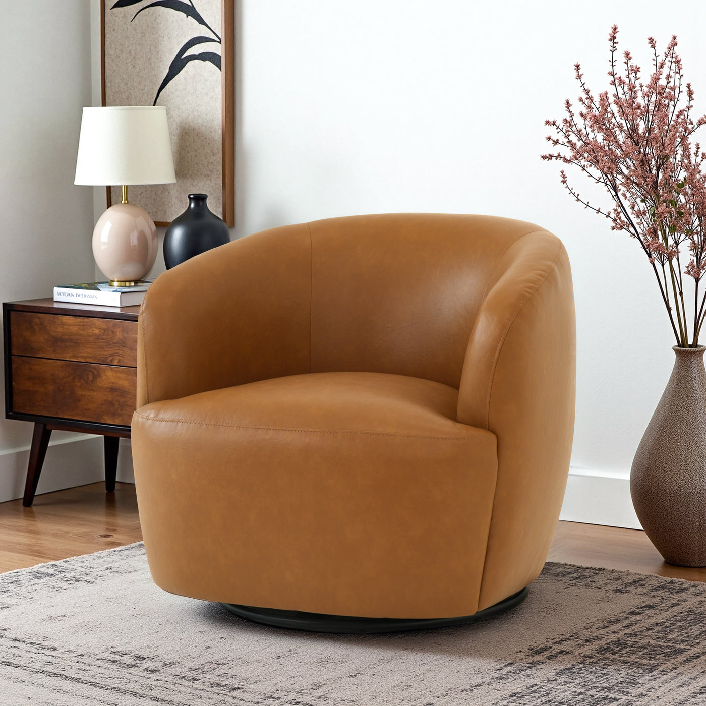 Mina 32" W Tan Vegan Leather Upholstered Swivel Barrel Chair