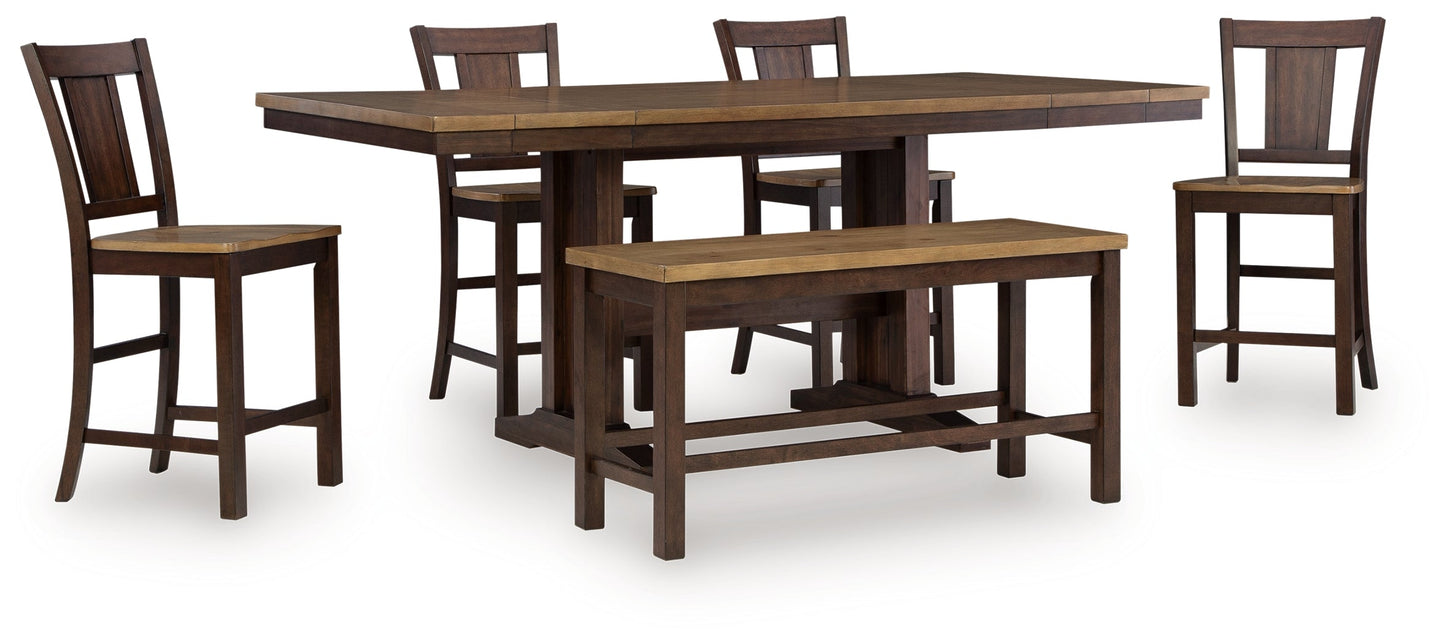 Rylandeen Light Brown/Dark Brown Counter Height Extension Dining Table 4 Barstools and Bench PCD687