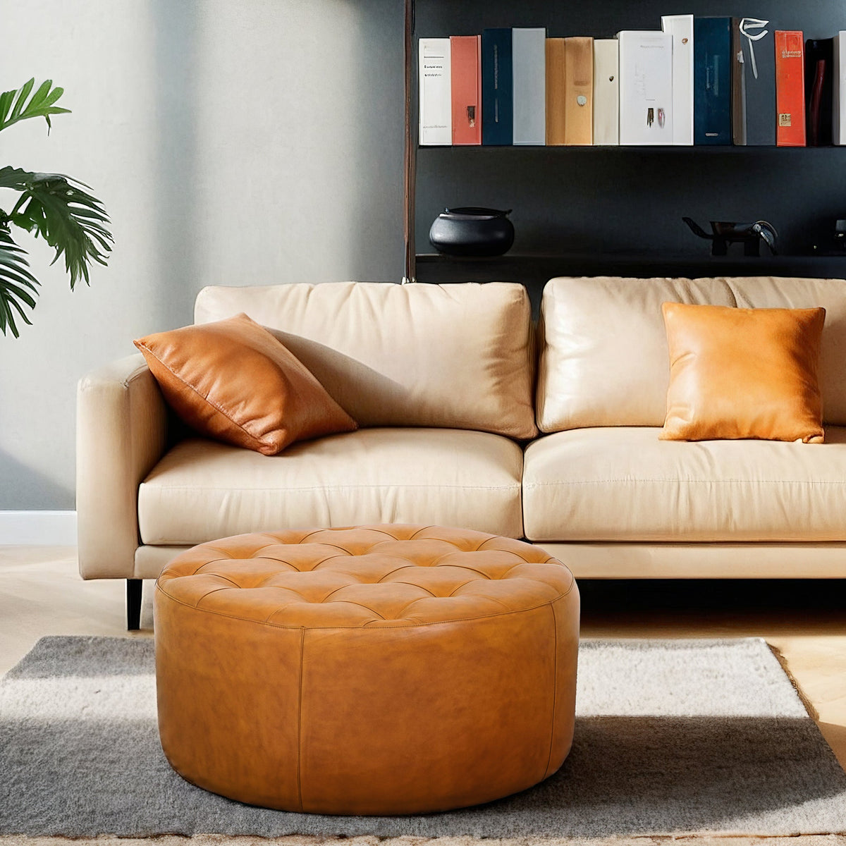 Seletar Mid-Century Modern Tan Leather Ottoman