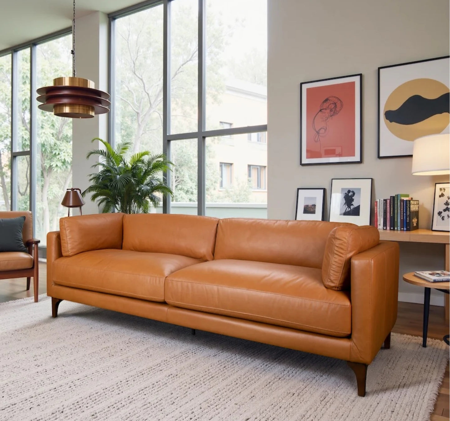 Bellrose Mid-Century Modern Genuine Leather Sofa