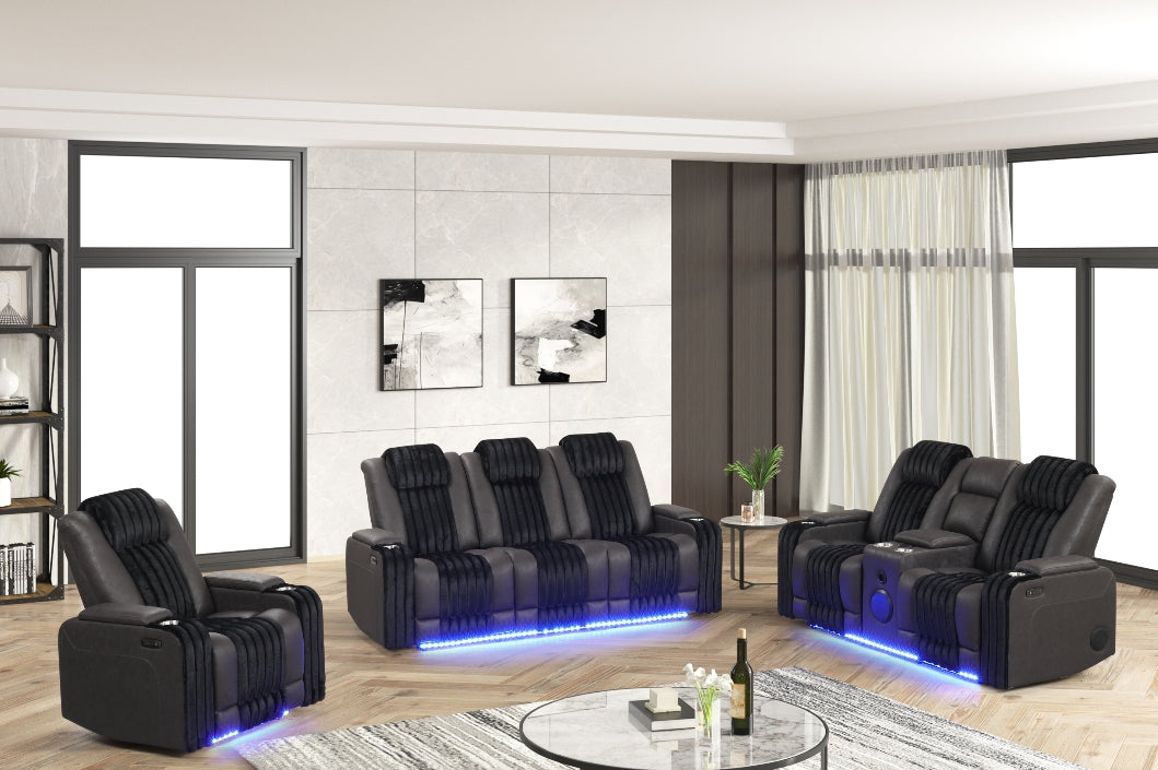 Lita Black POWER RECLINER/ HEADREST/LED 3pc Living Room Set S4225