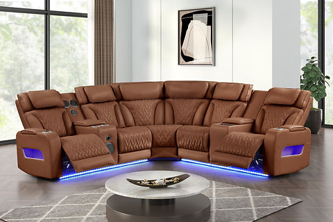 Skyline Caramel POWER/LED/BLUETOOTH SPEAKERS Reclining Sectional (Power Headrests)