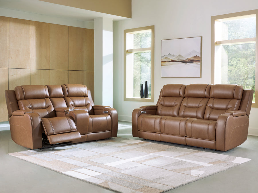 Knightington Caramel Power Top Grain Leather Reclining Living Room Set PCU11600
