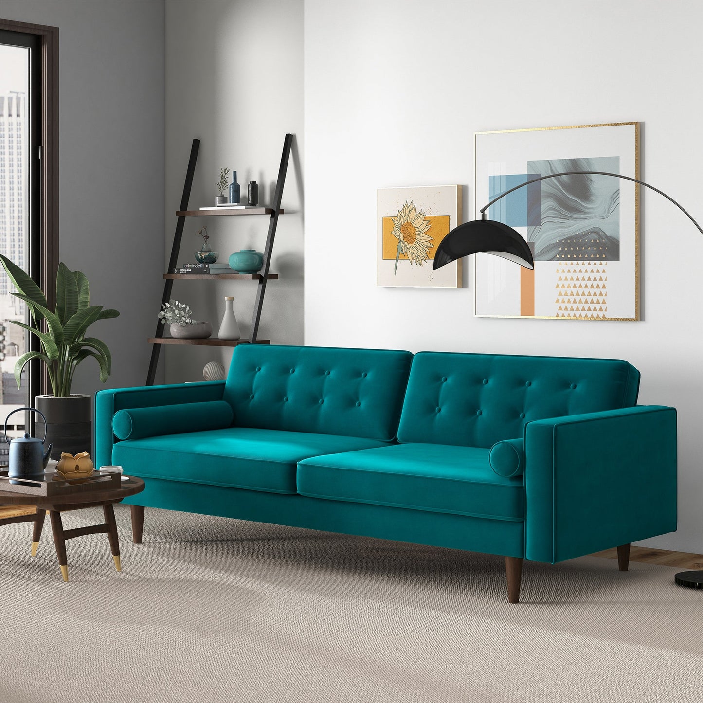 Casey 84" Mid-Century Modern Teal Velvet Sofa