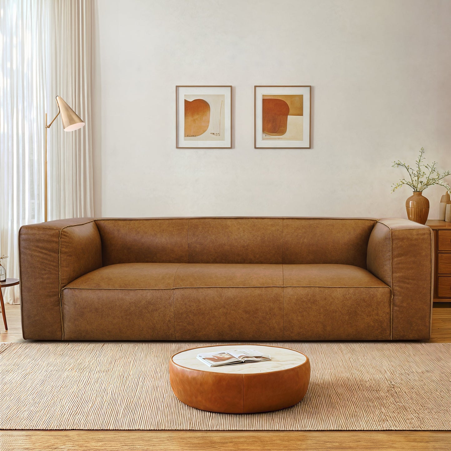 Colton Tan Mid-Century Modern Genuine Leather Sofa