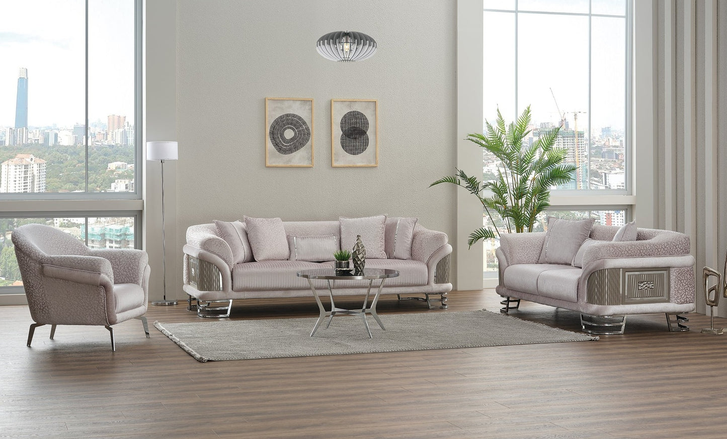 Versace 3-pieces (Sofa & Loveseat & Chair) Livingroom Set Light Grey