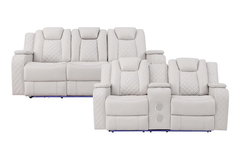 Radiant Grey POWER/LED/BLUETOOTH SPEAKERS Reclining Sofa and Loveseat SH8895