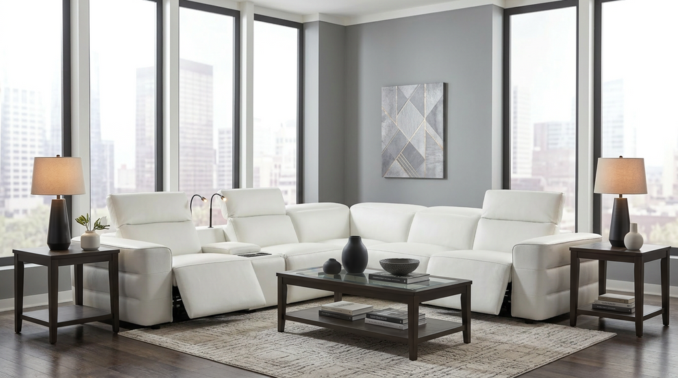 Holly White Italian Leather/Match POWER Reclining Corner Sectional (3 Power Recliners + 1 Console) MI-2520