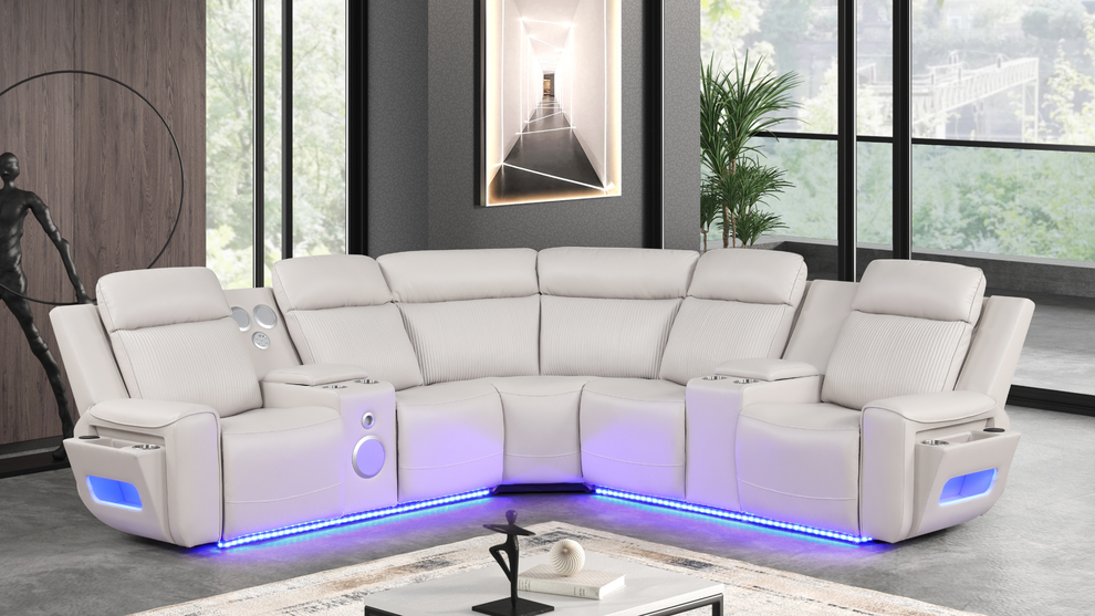 Galaxy Sand Leather POWER/BLUETOOTH SPEAKERS/LED Reclining Sectional S3550
