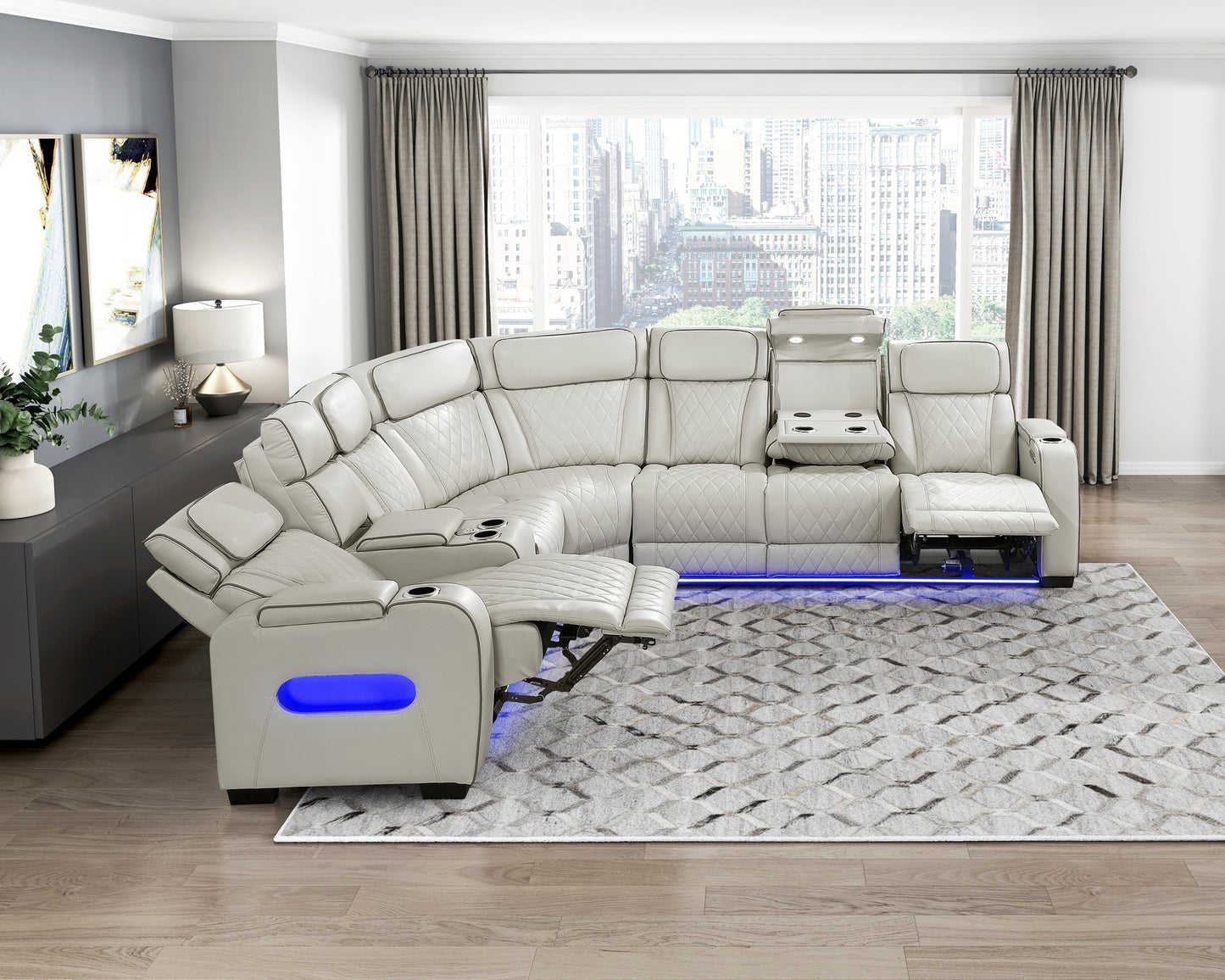 Fairway Taupe 3pc LED/POWER Reclining Sectional with Consoles and Wireless Speakers