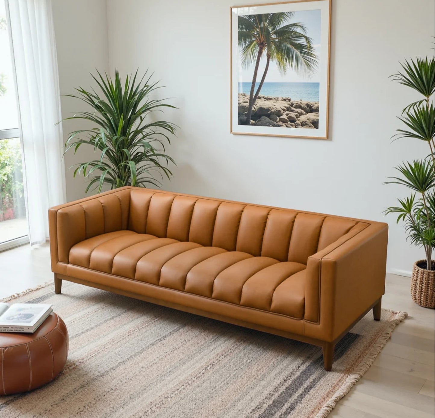 Melissa 91" Mid-Century Modern Tufted Vegan Leather Sofa