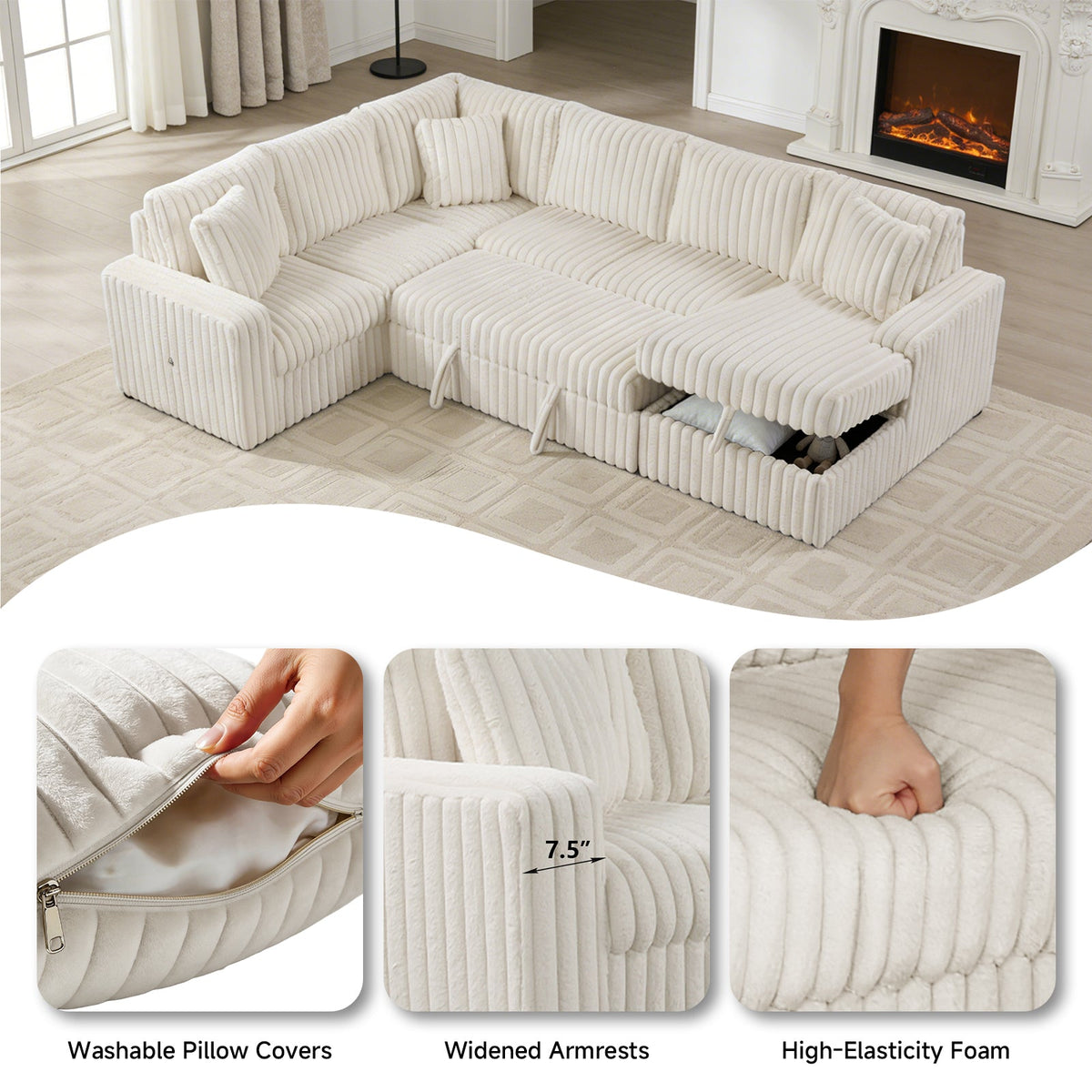 Raha II White Corduroy Pull-Out Bed Sectional S3675