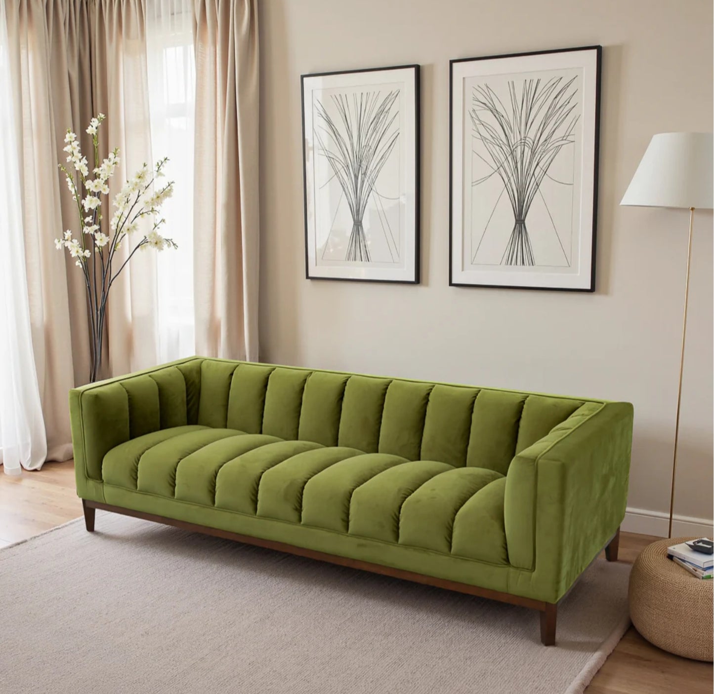 Melissa 91" Mid-Century Modern Green Velvet Sofa