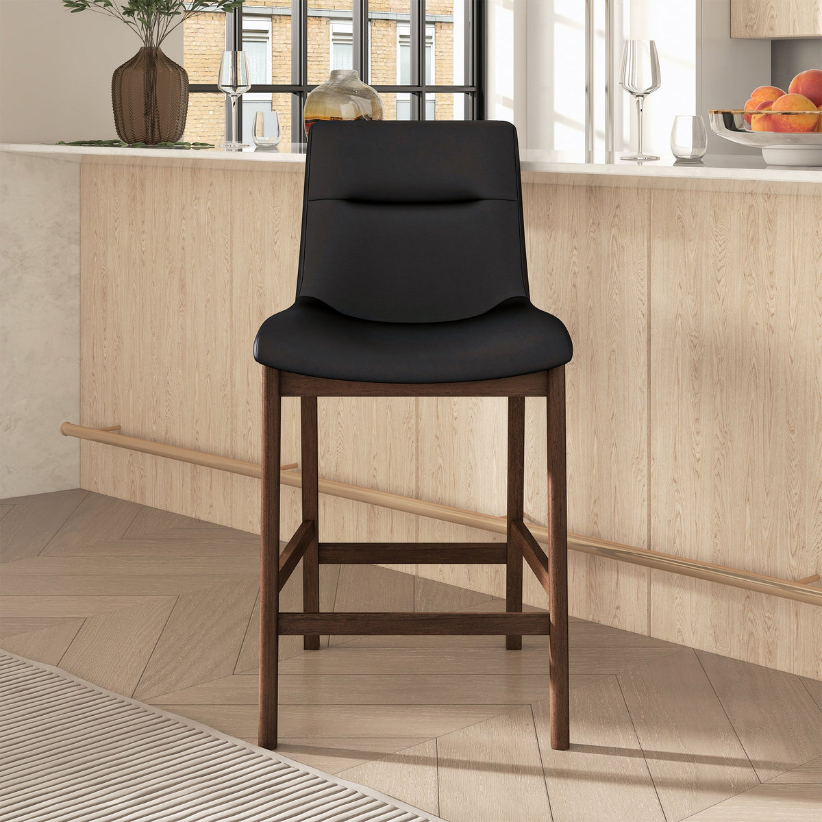 Langlade Leather Upholstered Counter Stool in Black (Set of 2)