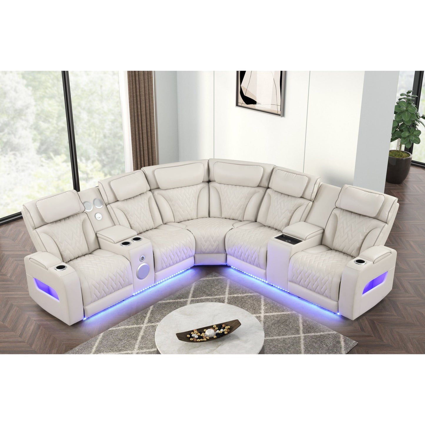 Skyline Sand POWER/LED/BLUETOOTH SPEAKERS Reclining Sectional (Power Headrests)