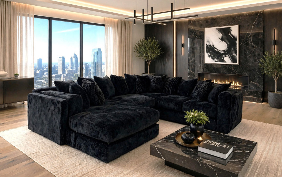 Glam Black Chenille Fabric Sectional 8908