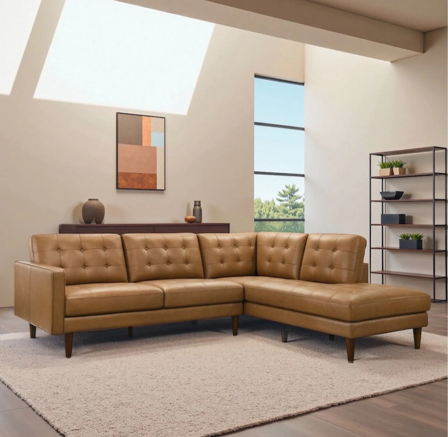 Lucco Cognac Modern L-Shaped Genuine Leather RAF Sectional