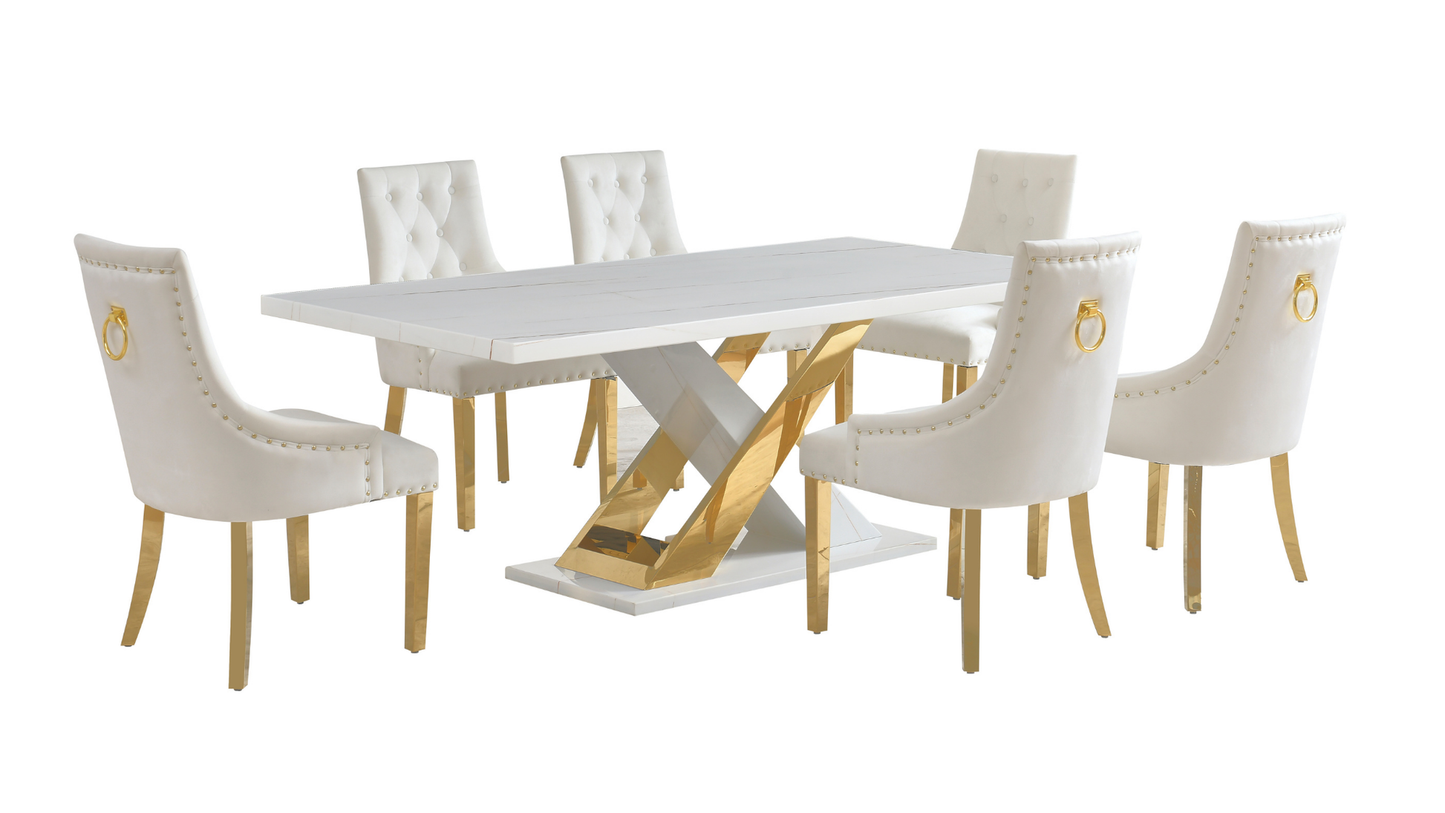 Viva White/Gold Faux Marble Dining Set D610