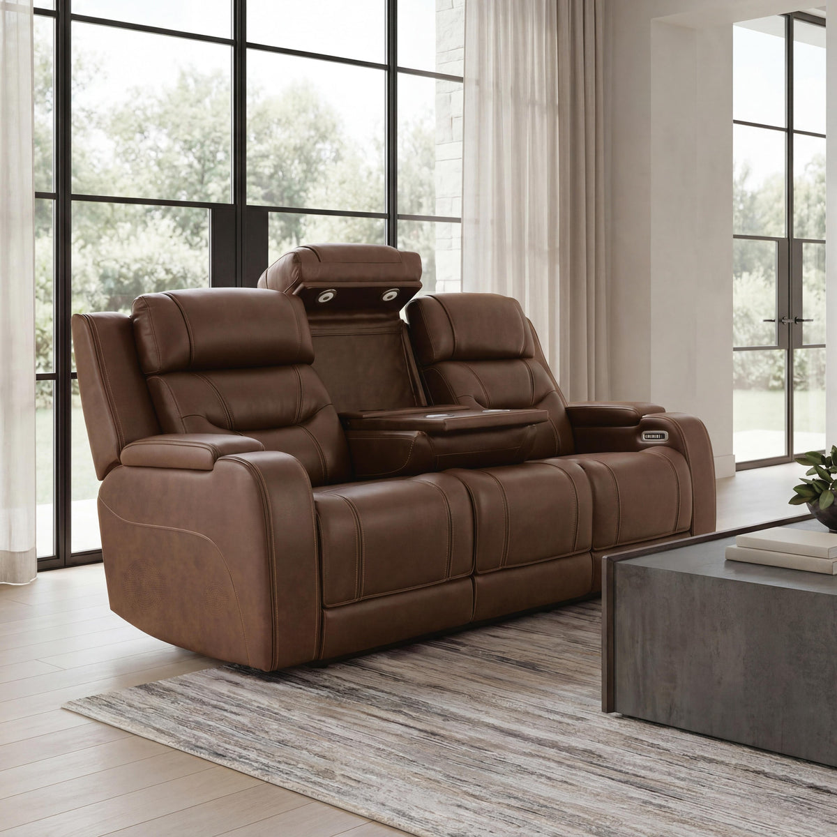 Dreamer Brown Genuine Leather Power Reclining Living Room Set with Audio Seating