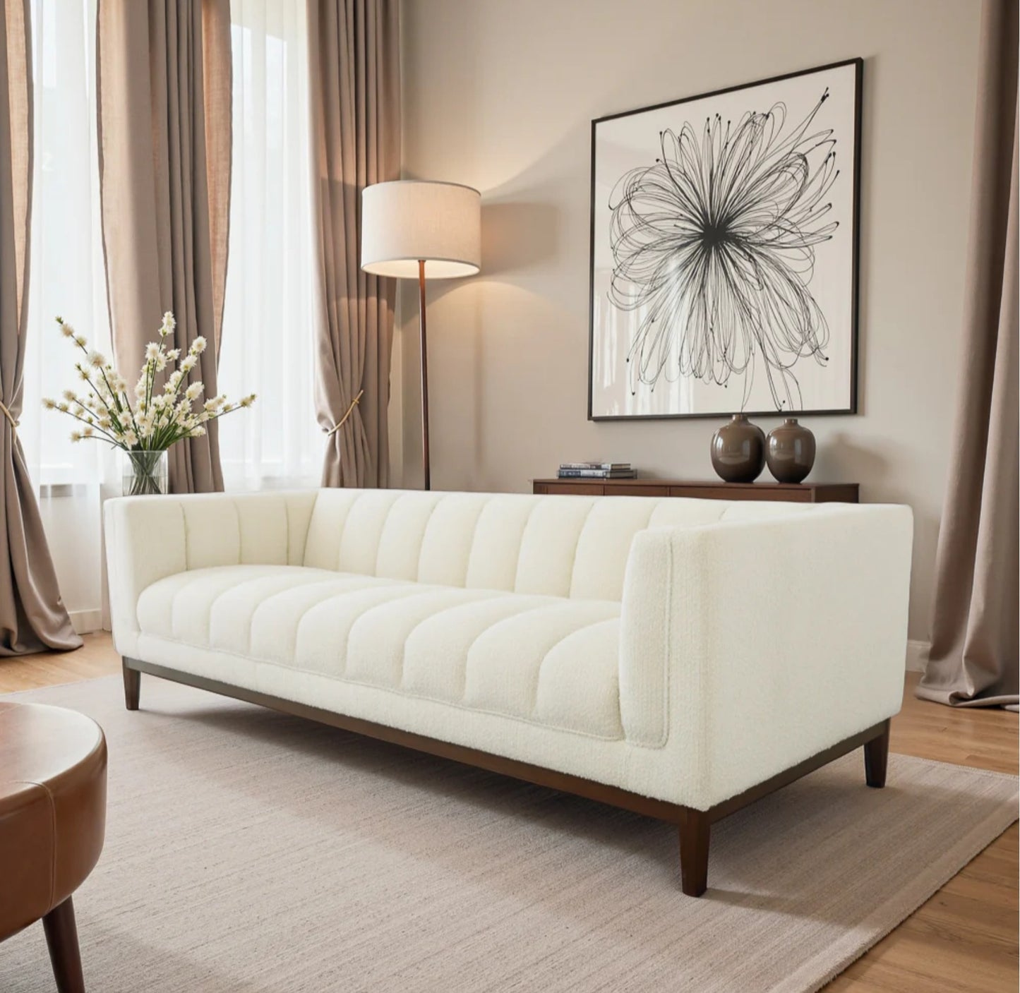 Melissa 91" Mid-Century Modern White Boucle Sofa