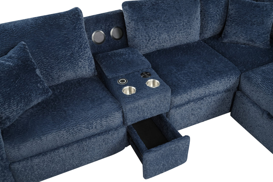 Hunter Blue Fabric BLUETOOTH SPEAKERS Pull Out Bed   Sectional