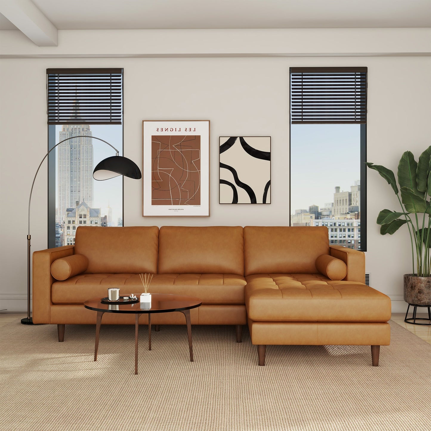 Anthony 101" Tan Leather L Shape Corner RAF Sectional