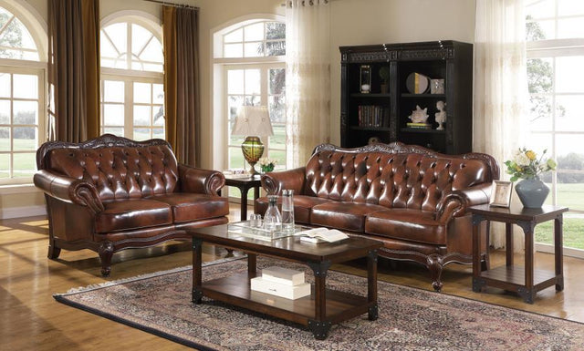 Victoria Brown Upholstered Tufted TOP GRAIN LEATHER Living Room Set 50068 981-03