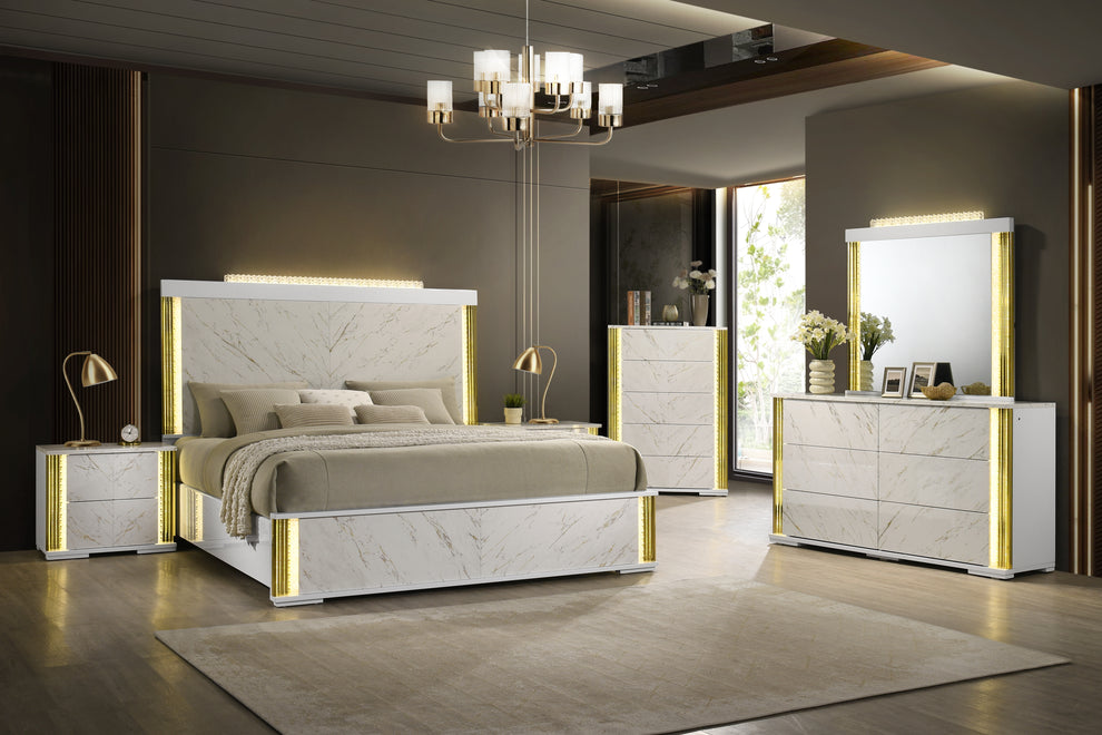 Mika White/Gold LED Panel Bedroom Set B31