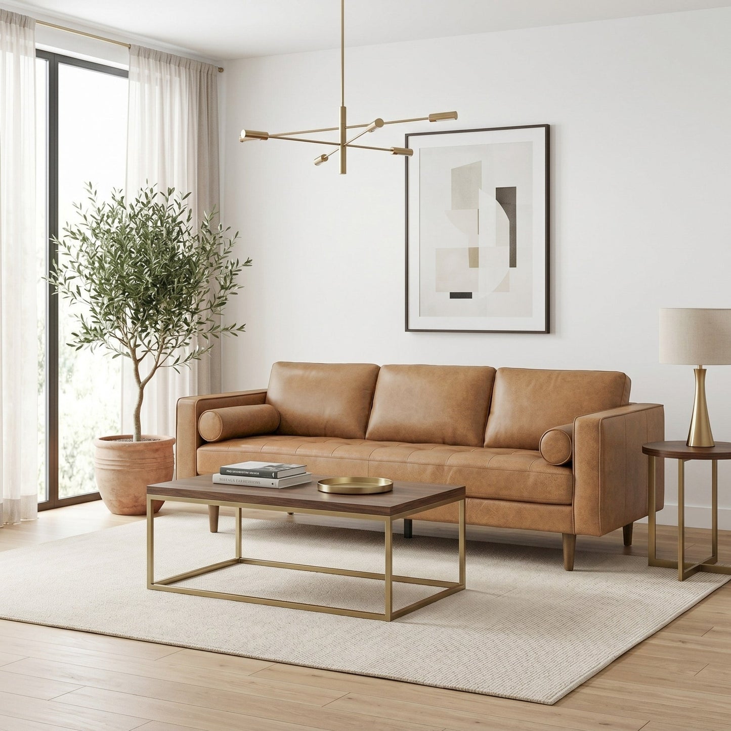 Catherine Tan Leather Mid-Century Modern Sofa
