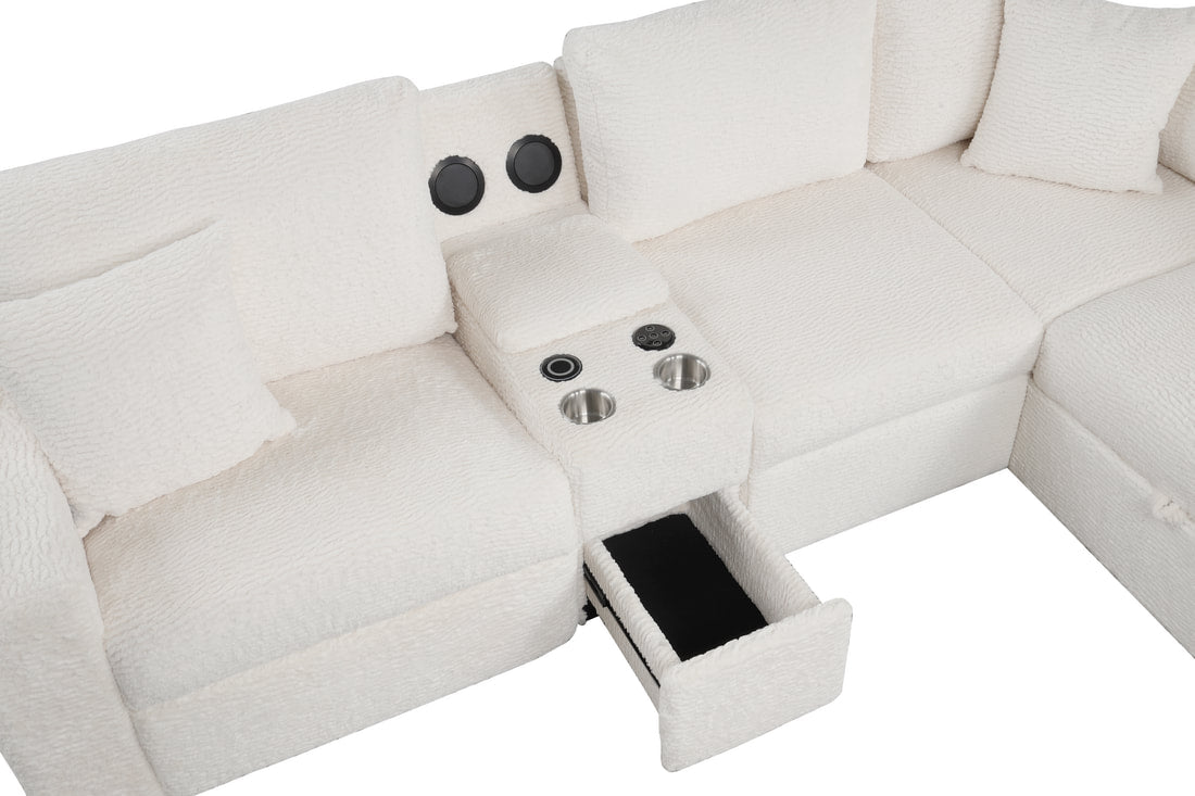 Hunter White Fabric BLUETOOTH SPEAKERS Pull Out Bed   Sectional