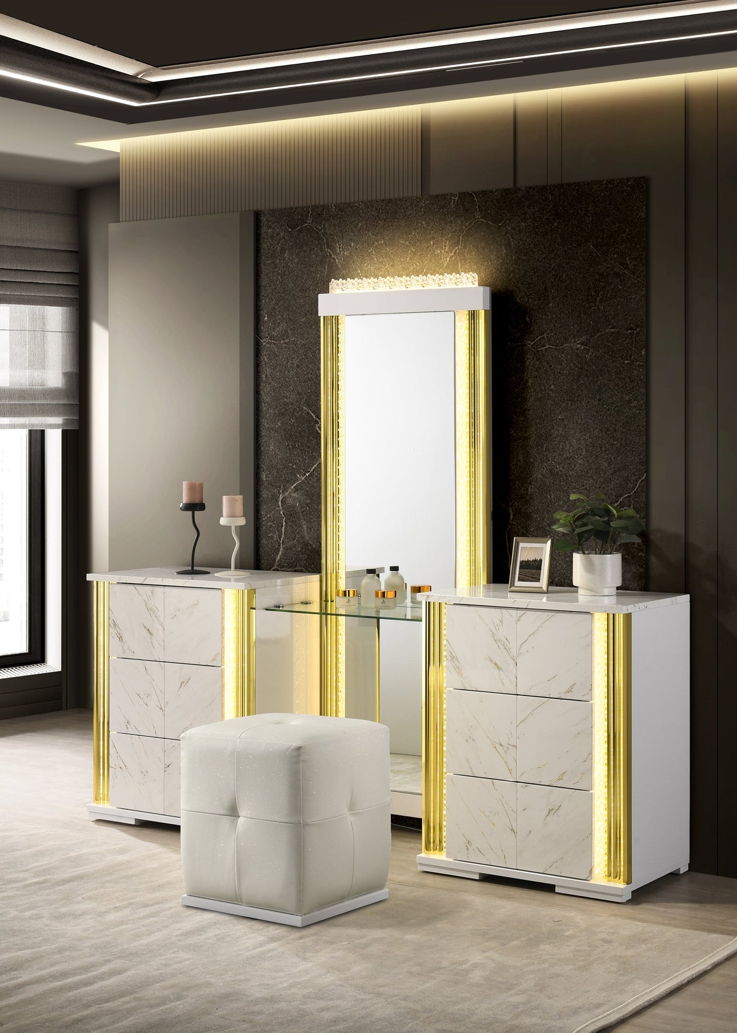 Mika White/Gold LED Panel Bedroom Set B31