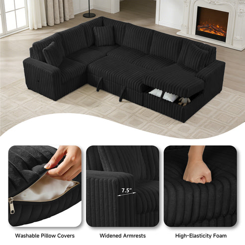 Raha II Black Corduroy Pull-Out Bed Sectional