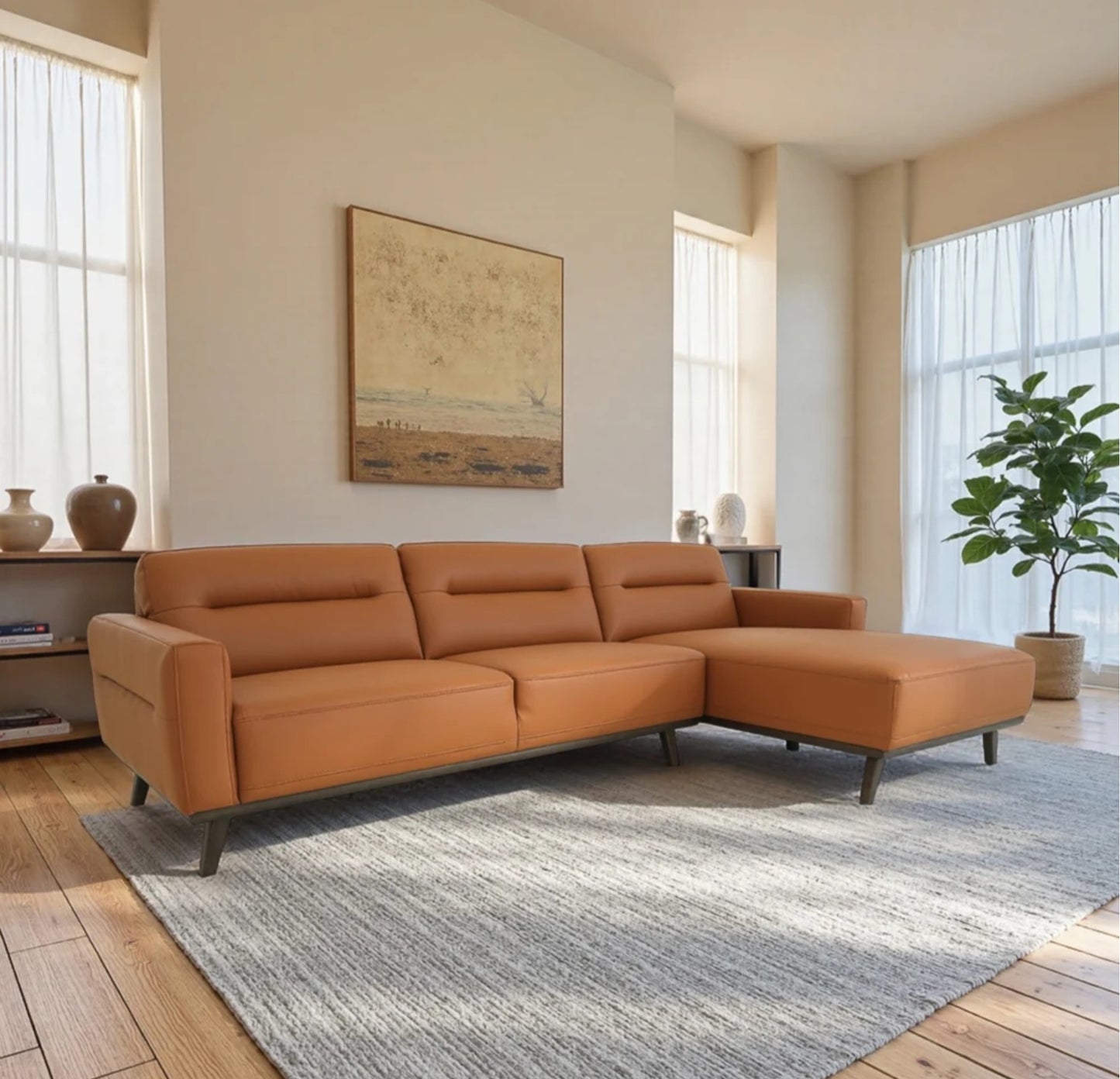 Ella 110" L-Shaped Cognac PU Leather Right Sectional