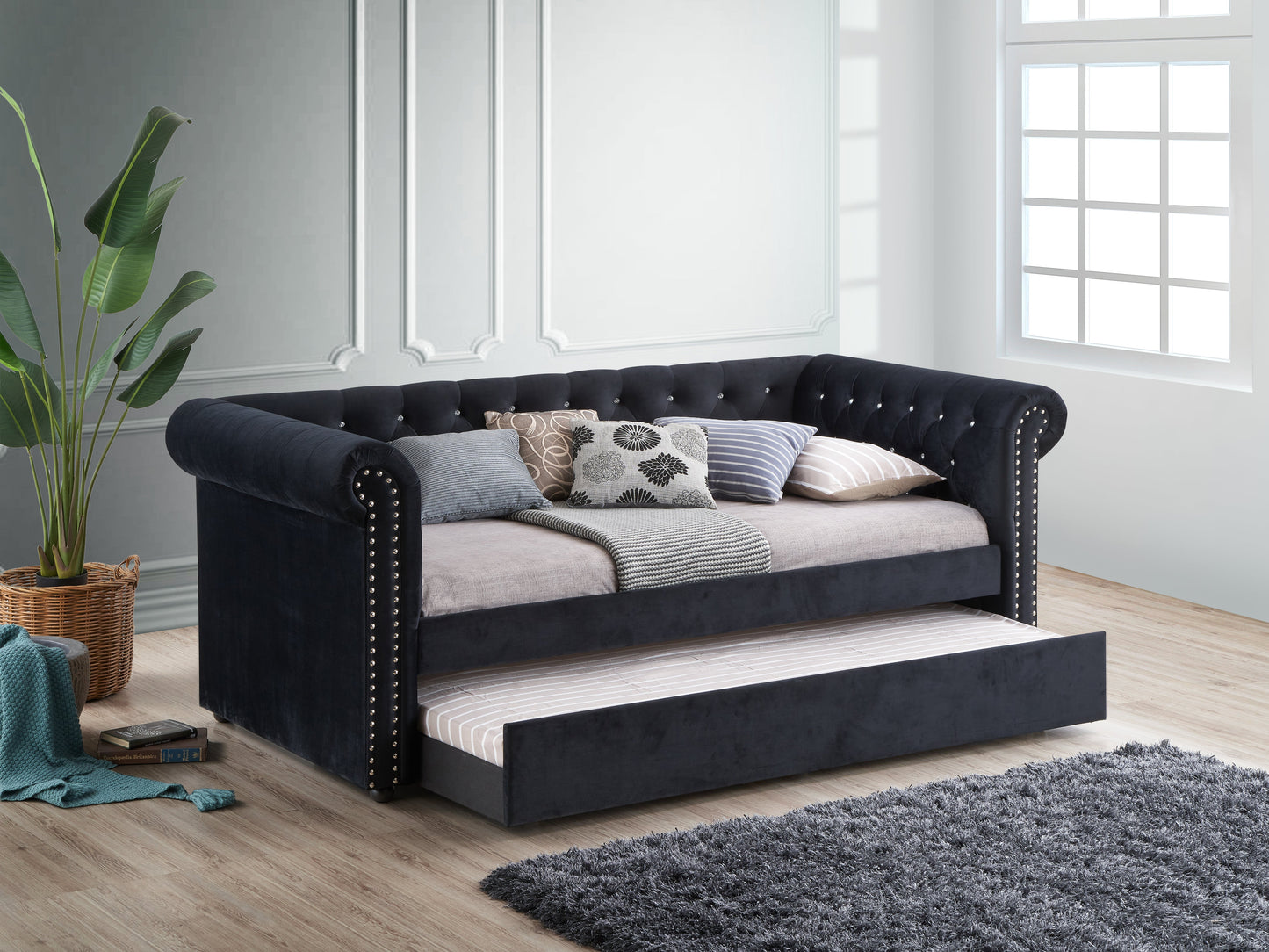 Ellie Black Velvet Twin Daybed with Trundle 5332