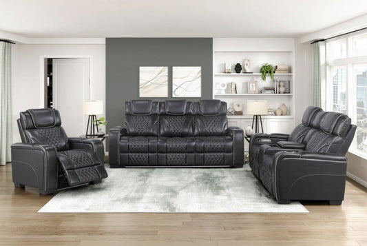 Apex Black TOP GRAIN LEATHER/POWER/LED/MASSAGE Reclining Set 8449