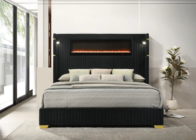 Romance2 Black Fireplace/BlutoothSpeakers  King Platform Bed