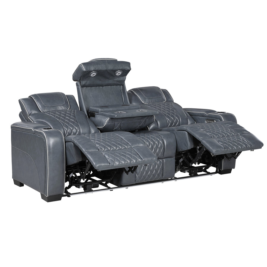 Apex Blue TOP GRAIN LEATHER/POWER/LED/MASSAGE Reclining Set 8449