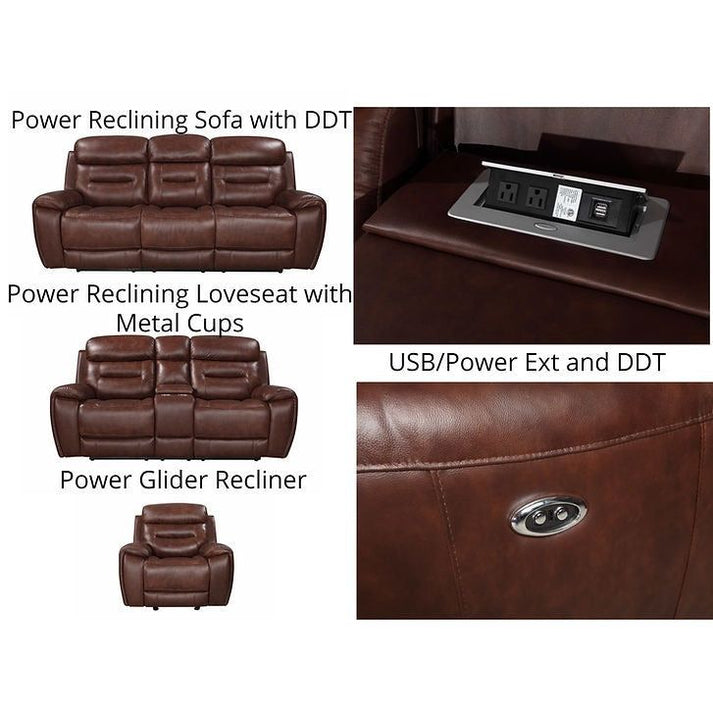 Rosewood Brown POWER/TOP GRAIN LEATHER Reclining 3pc Set S2226 - Harwin Furniture