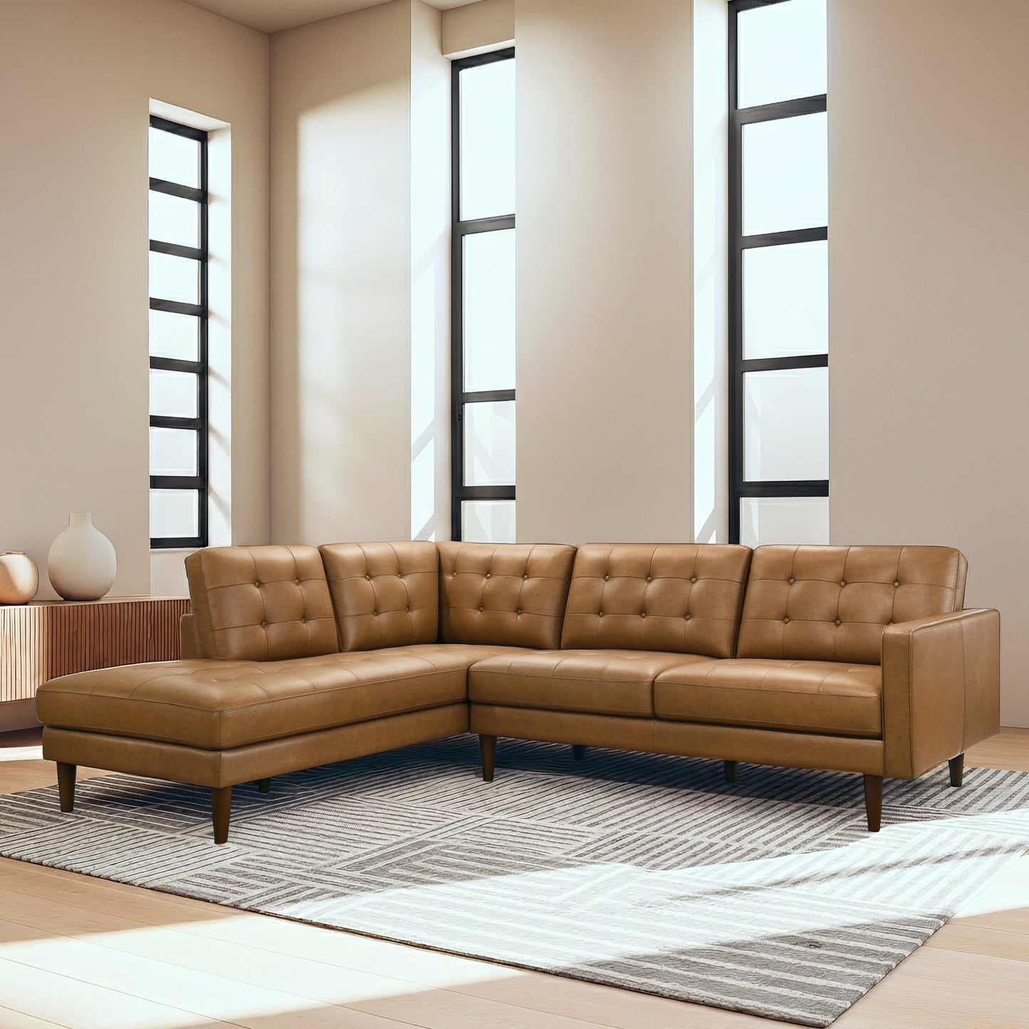 Lucco Cognac Modern L-Shaped GENUINE LEATHER LAF Sectional