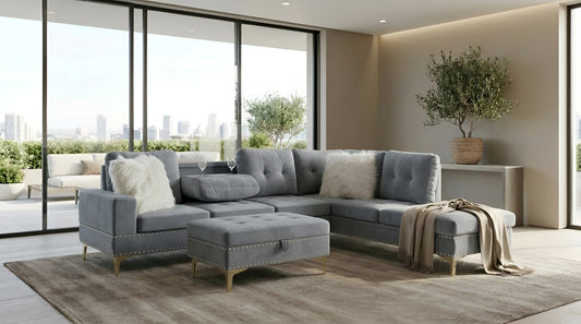 JoyII Gray Velvet  Sectional with Ottoman S123