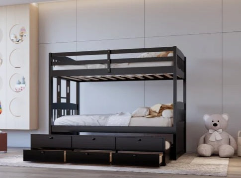 BB42 TWIN/TWIN Black Bunk Bed w/Twin Trundle + 3 Drawers