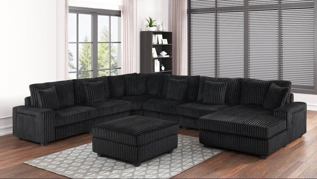 Bazooka Black Corduroy 7PC Sectional With Ottoman