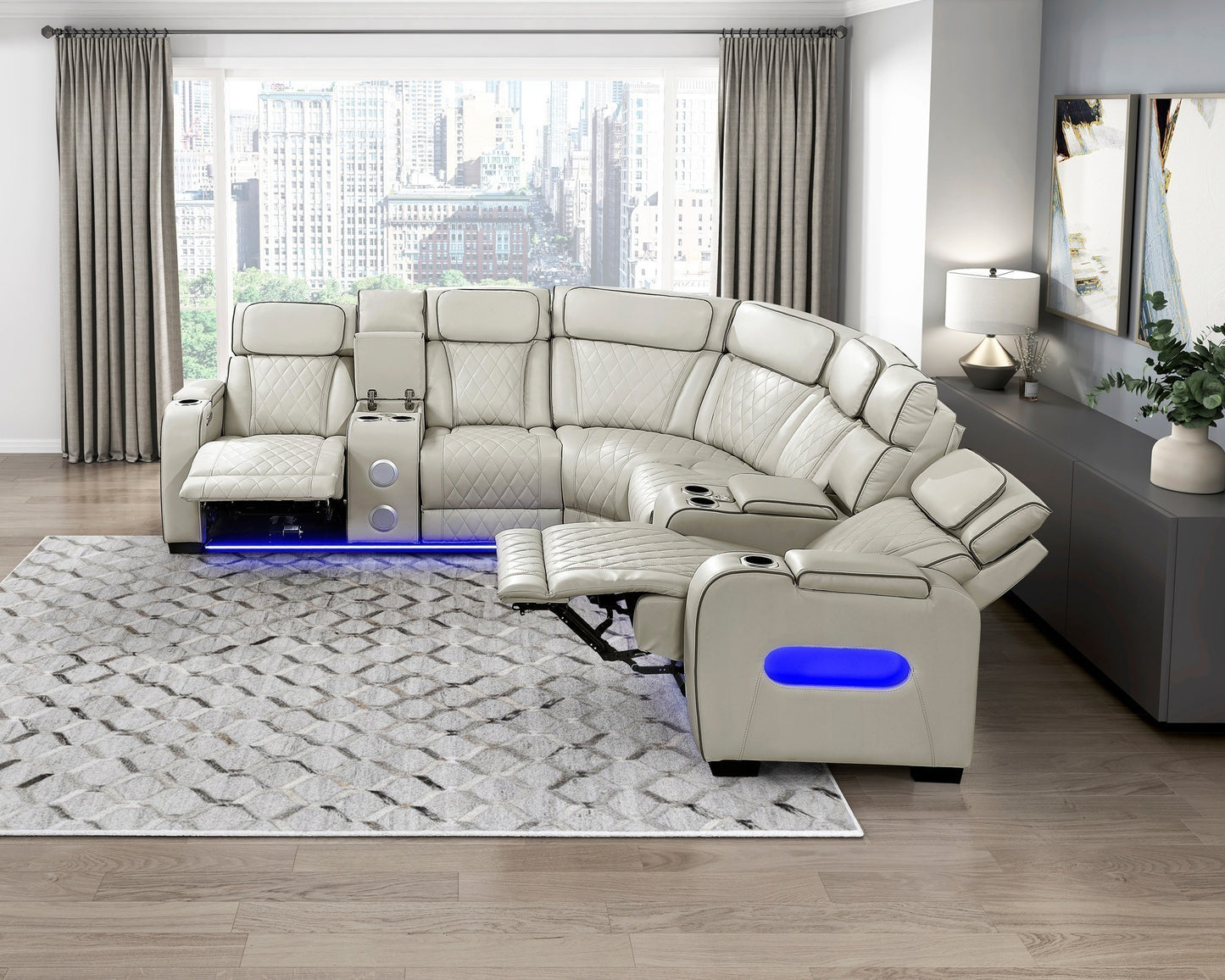 Fairway Taupe 3pc LED/POWER Reclining Sectional with Consoles and Wireless Speakers