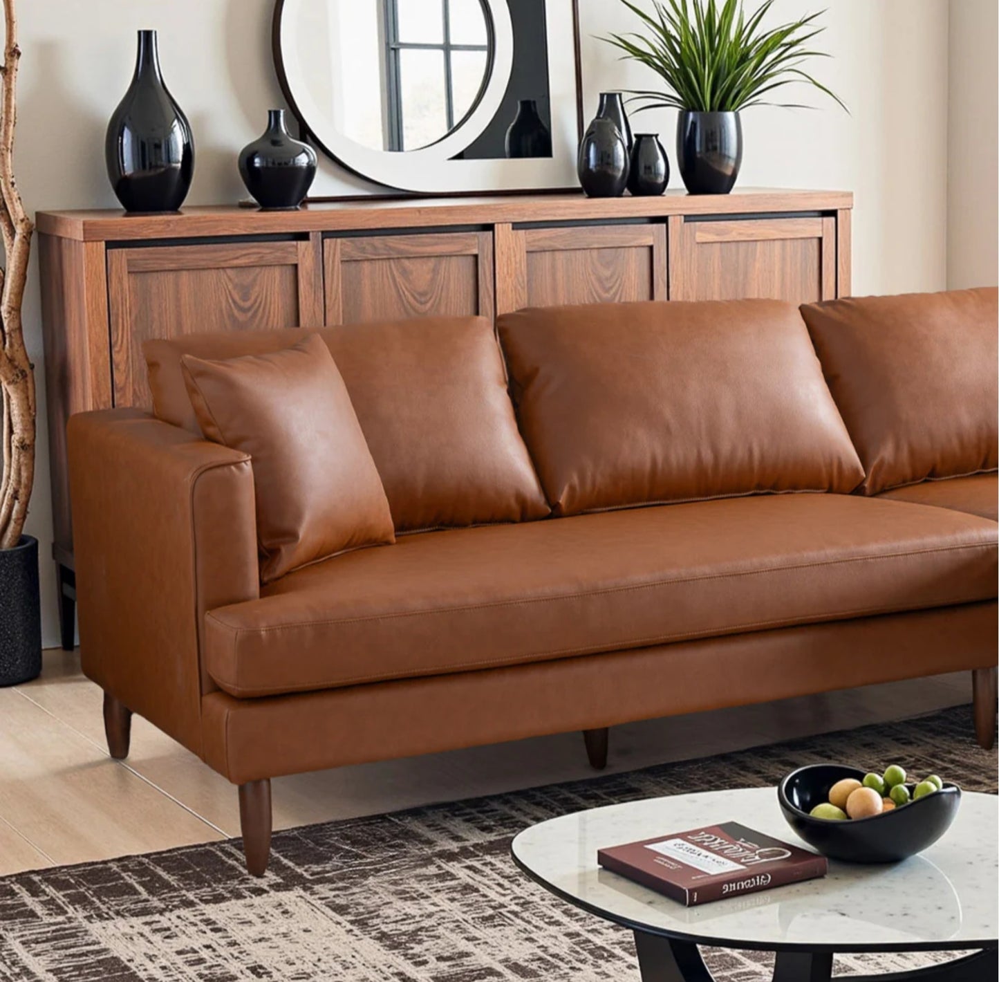 Blake 107" L-Shaped Cognac Vegan Leather Sectional Sofa Right Facing