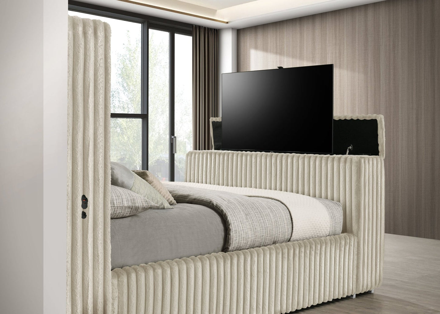 Henley Cream Corduroy FIREPLACE/TV STAND/BLUETOOTH SPEAKERS King Bed B2040