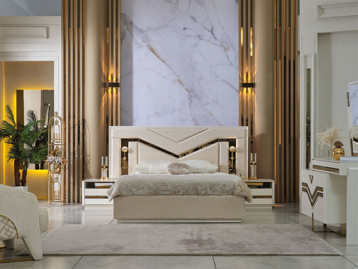Zen Luxury Bedroom Set (Bed& Dresser With Mirror & 2 Nightstand)