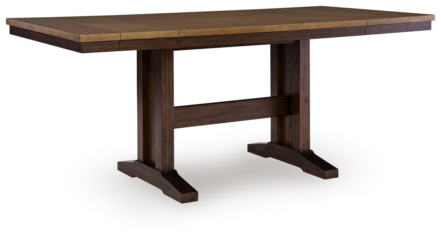 Rylandeen Light Brown/Dark Brown Counter Height Extension Dining Table 4 Barstools and Bench PCD687