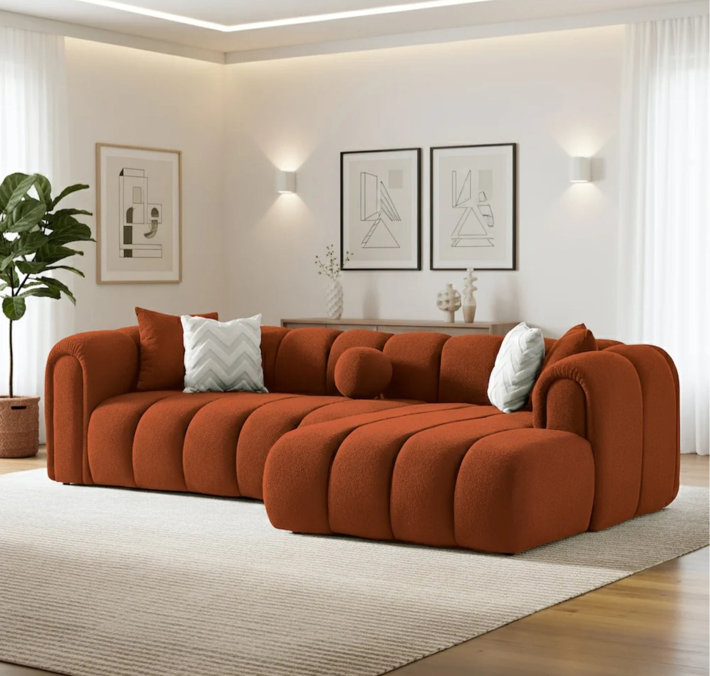 Beatrice 115" Modern Tufted Burnt Orange Boucle Right-Facing Sectional Sofa
